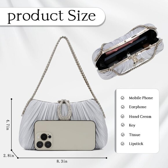 Elegant Silver Satin Clutch Evening Bag for Stylish Women - Perfect for Events - Picture 2 of 6
